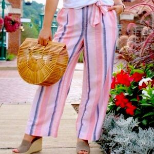 LOFT Size S Striped Linen Blend Pleated Trousers Pleats Back Elastic Tie Belt